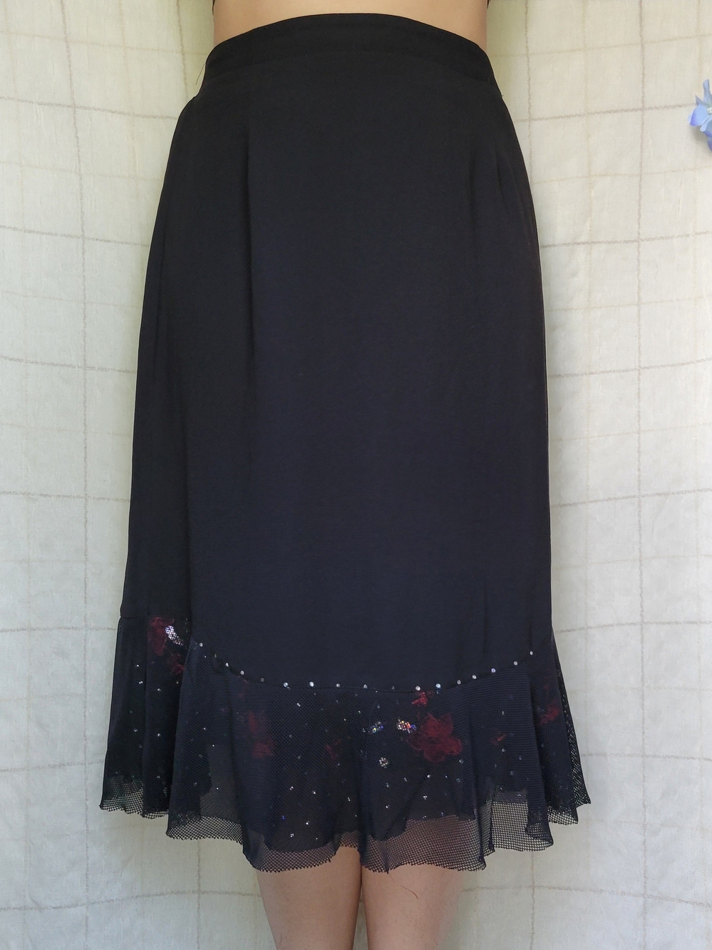 Vintage Black Floral Hem A-Line Skirt
